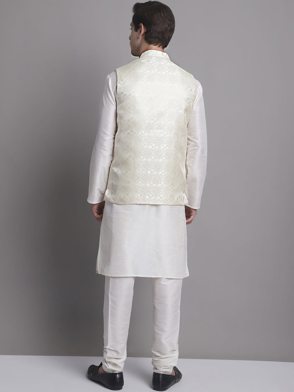 Jompers Men's Cream Woven Design Nehru Jacket With Solid Kurta Pyjama