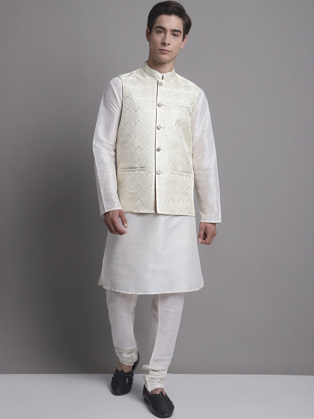 Jompers Men's Cream Woven Design Nehru Jacket With Solid Kurta Pyjama