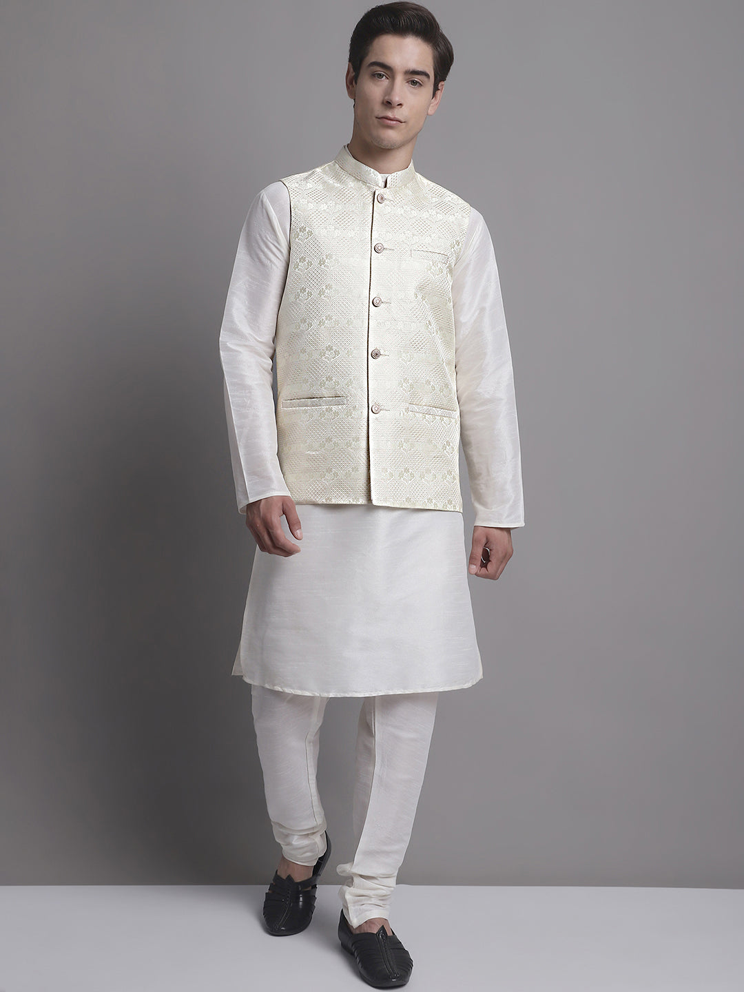 Jompers Men's Cream Woven Design Nehru Jacket With Solid Kurta Pyjama