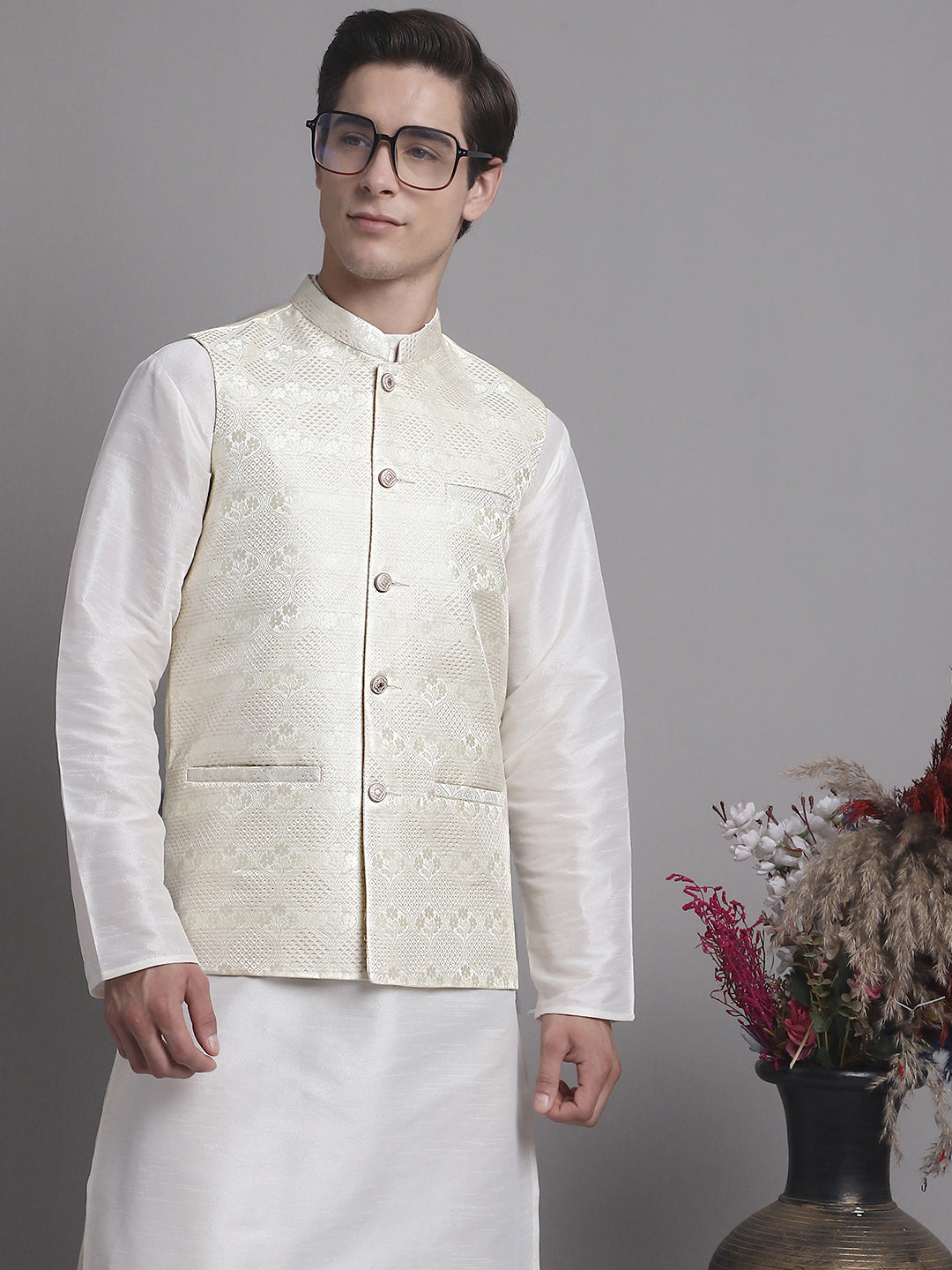 Jompers Men's Cream Woven Design Nehru Jacket With Solid Kurta Pyjama