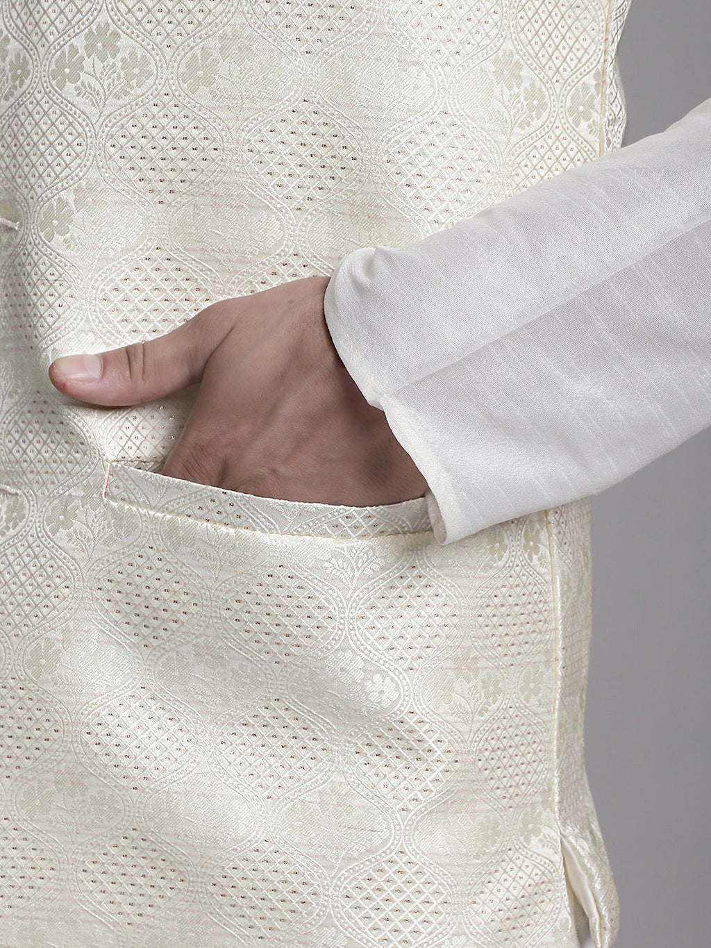 Jompers Men's Cream Woven Design Nehru Jacket With Solid Kurta Pyjama