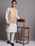 Jompers Men's Golden Woven Design Nehru Jacket With Solid Kurta Pyjama