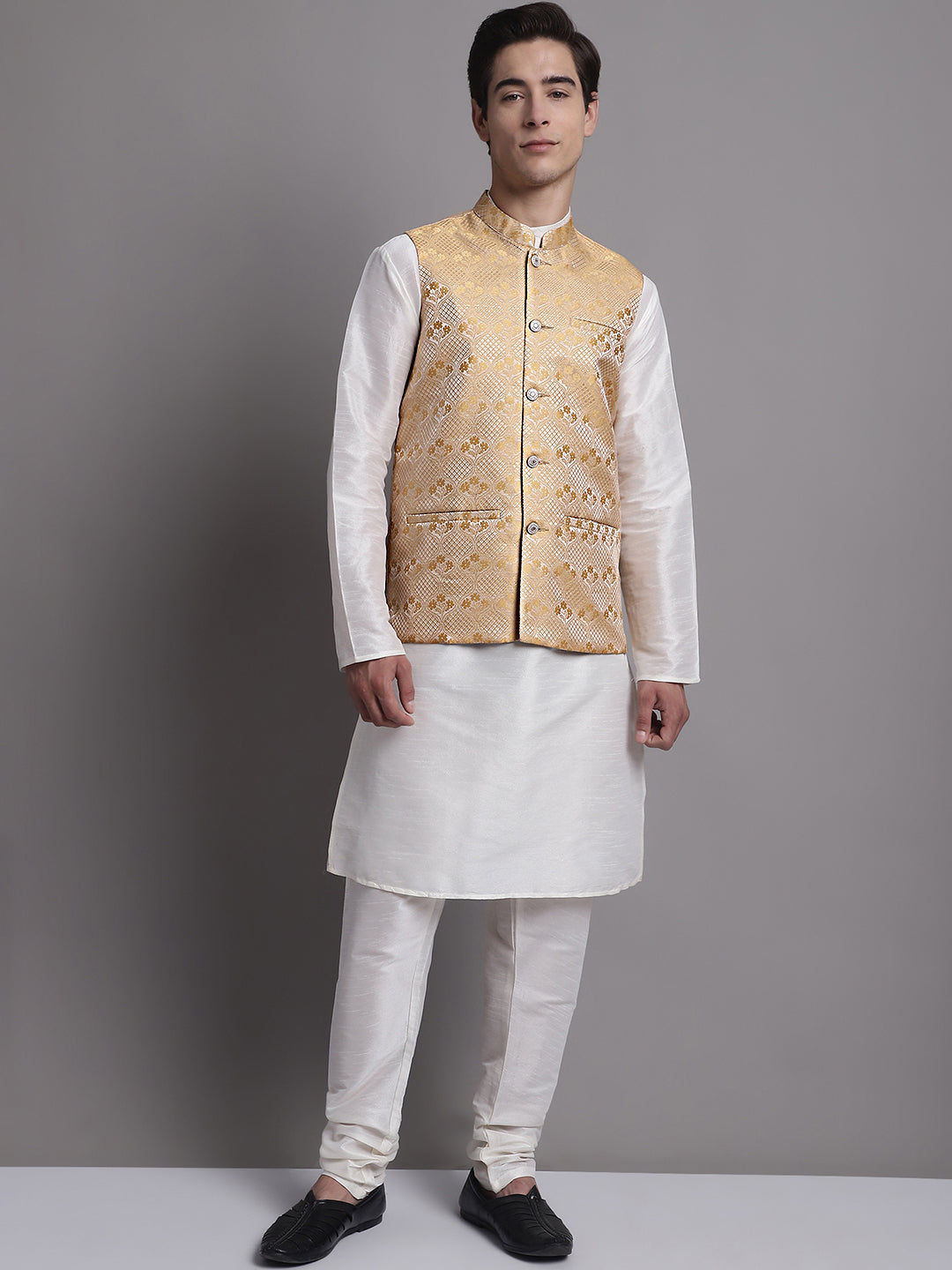 Jompers Men's Golden Woven Design Nehru Jacket With Solid Kurta Pyjama