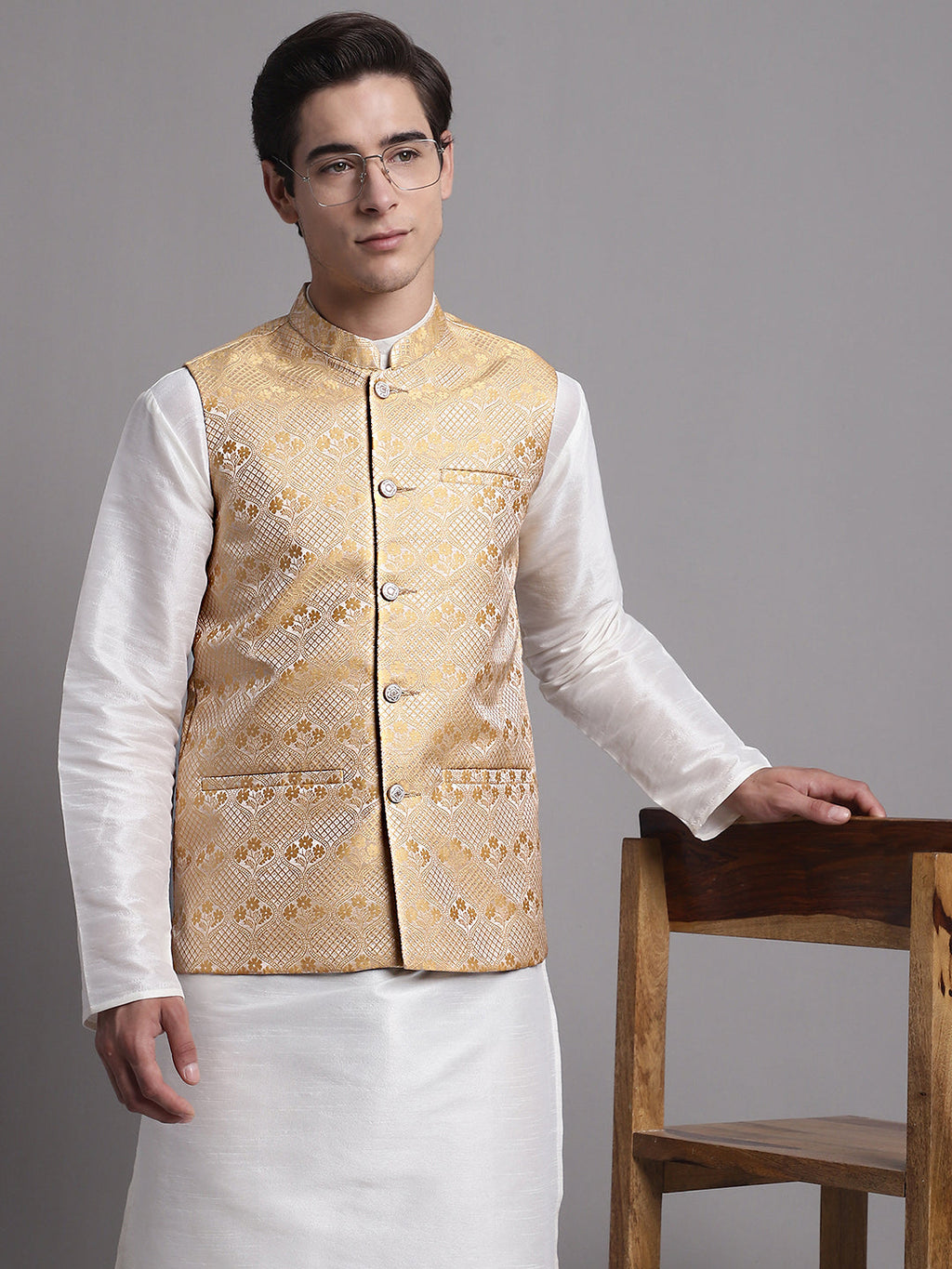 Jompers Men's Golden Woven Design Nehru Jacket With Solid Kurta Pyjama