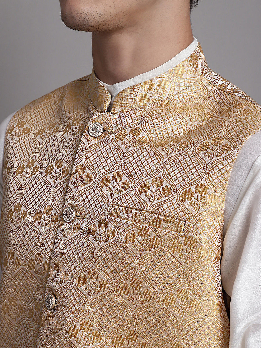 Jompers Men's Golden Woven Design Nehru Jacket With Solid Kurta Pyjama