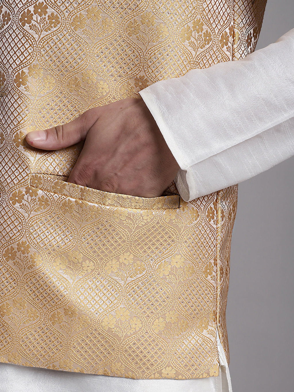 Jompers Men's Golden Woven Design Nehru Jacket With Solid Kurta Pyjama