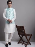 Jompers Men's Turquoise Blue Woven Design Nehru Jacket With Solid Kurta Pyjama