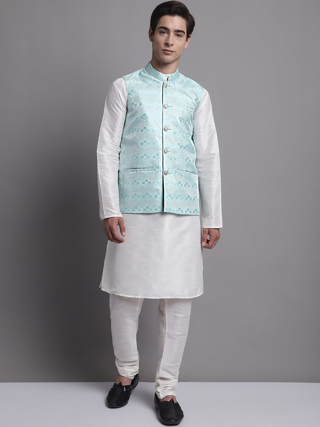 Jompers Men's Turquoise Blue Woven Design Nehru Jacket With Solid Kurta Pyjama
