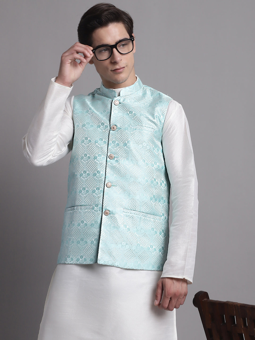 Jompers Men's Turquoise Blue Woven Design Nehru Jacket With Solid Kurta Pyjama