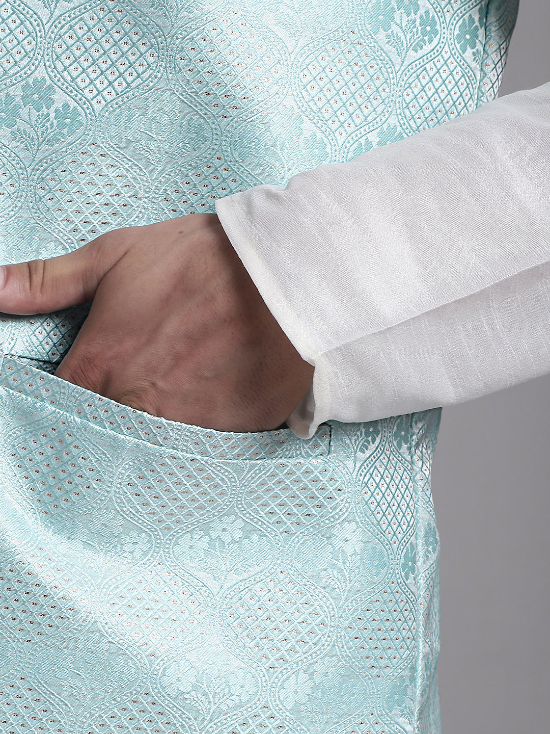 Jompers Men's Turquoise Blue Woven Design Nehru Jacket With Solid Kurta Pyjama