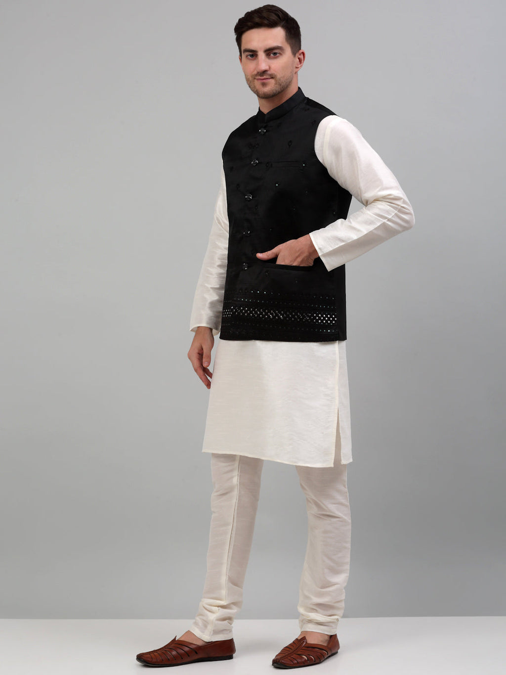 Jompers Men's Embroidered Nehru Jacket With Solid Kurta Pyjama Set - Black