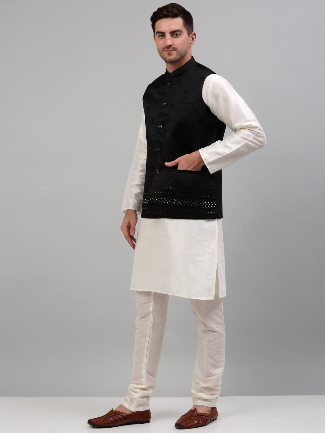 Jompers Men's Embroidered Nehru Jacket With Solid Kurta Pyjama Set - Black