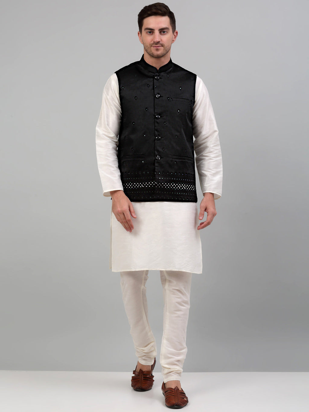 Jompers Men's Embroidered Nehru Jacket With Solid Kurta Pyjama Set - Black