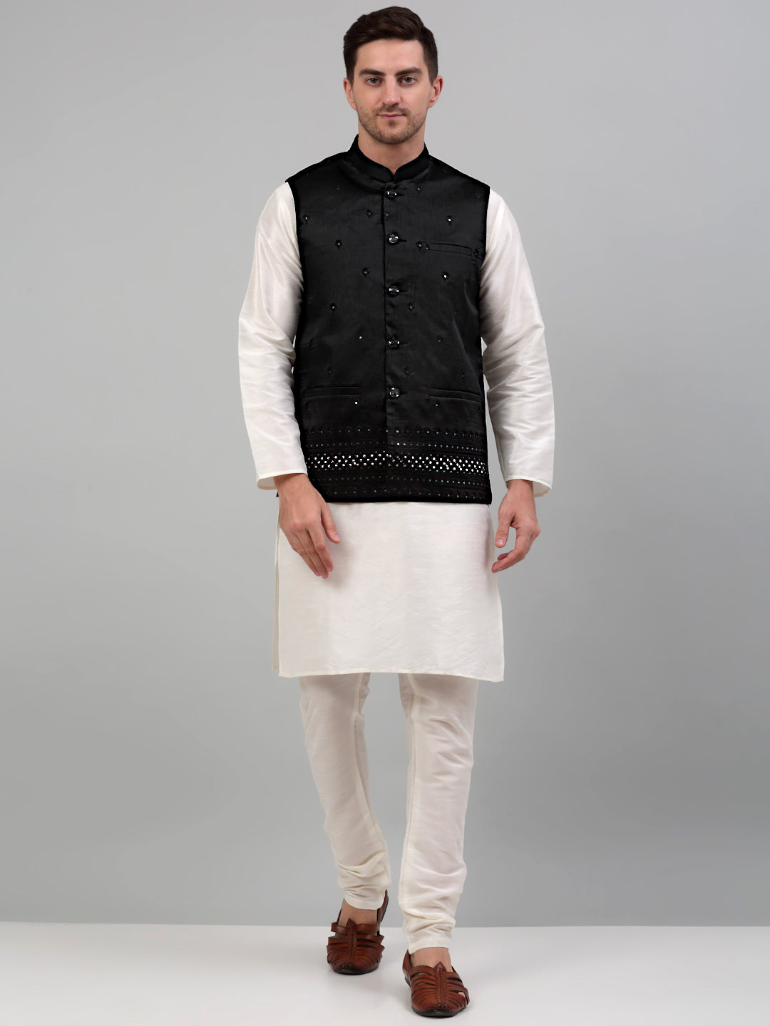 Jompers Men's Embroidered Nehru Jacket With Solid Kurta Pyjama Set - Black