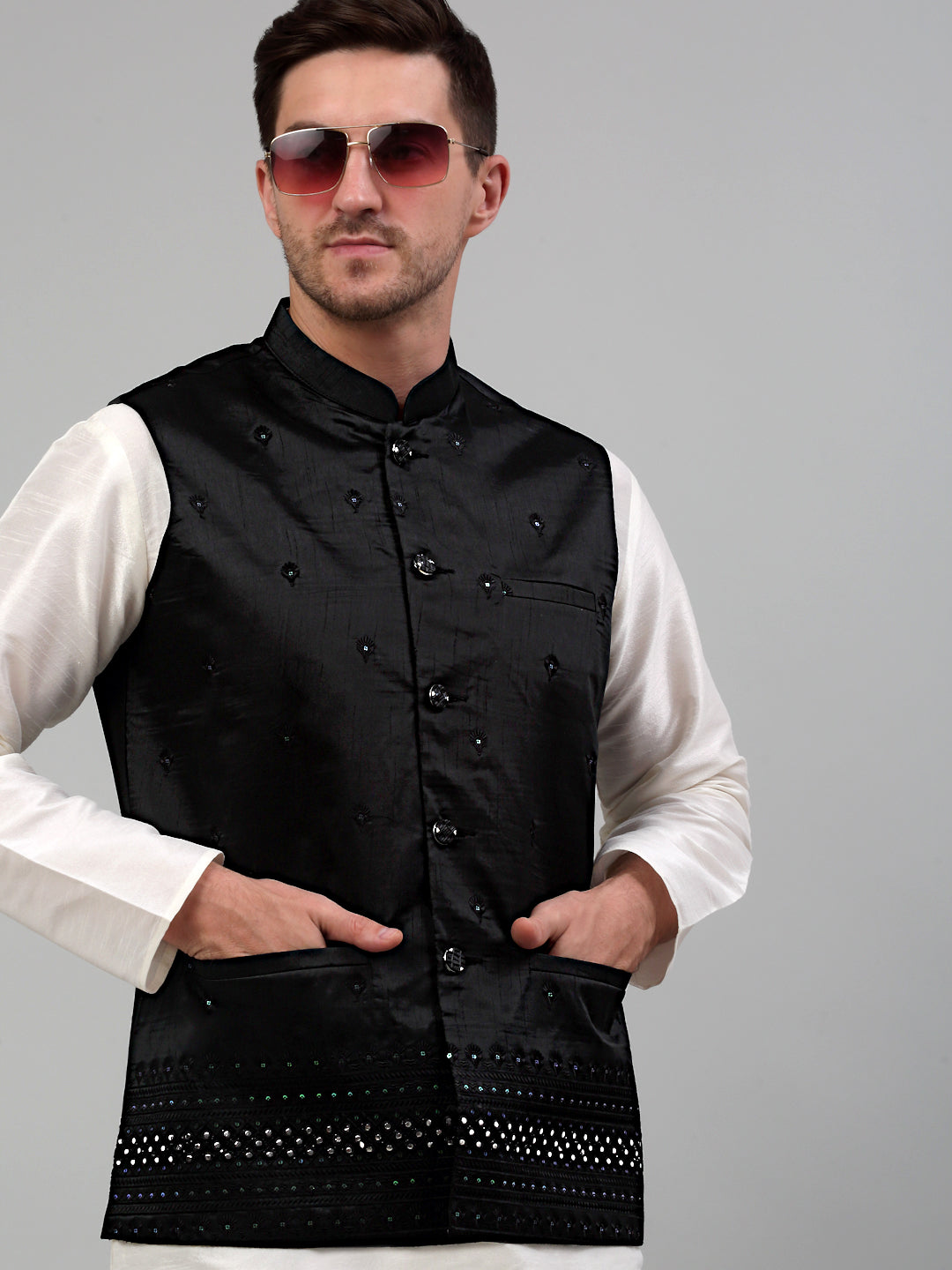 Jompers Men's Embroidered Nehru Jacket With Solid Kurta Pyjama Set - Black