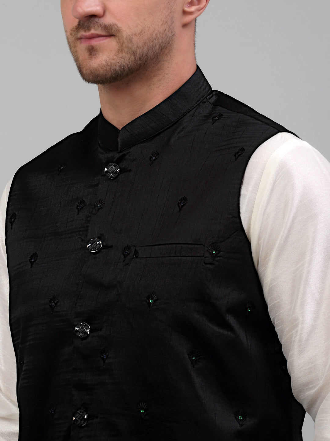 Jompers Men's Embroidered Nehru Jacket With Solid Kurta Pyjama Set - Black