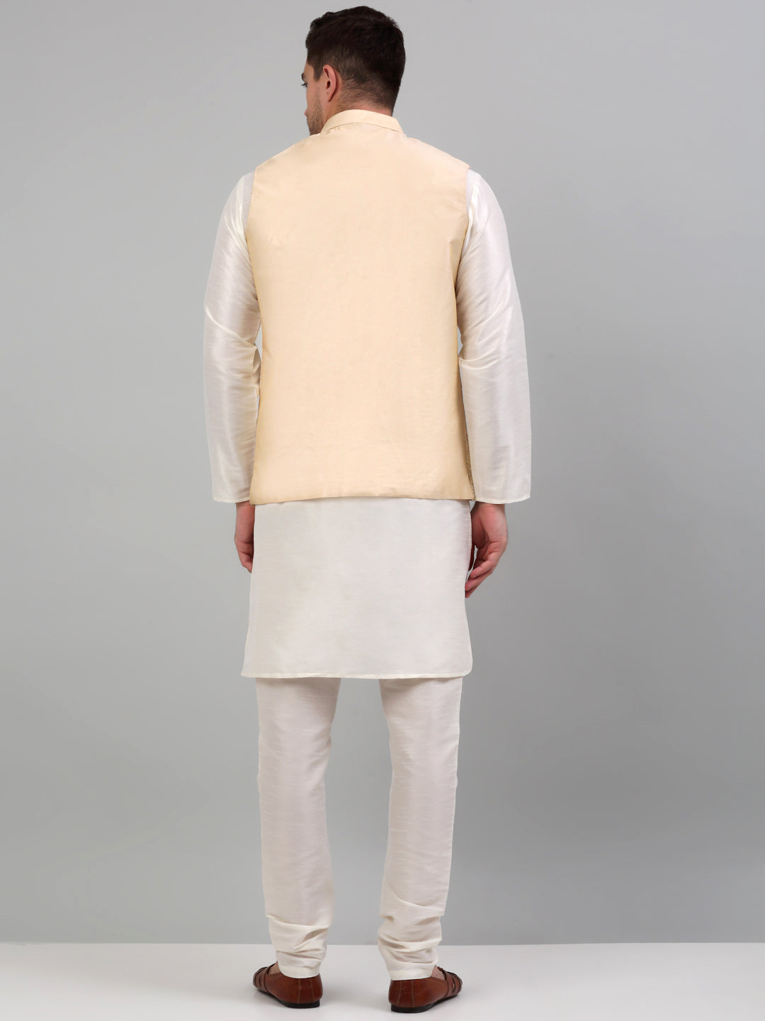 Jompers Men's Embroidered Nehru Jacket With Solid Kurta Pyjama Set - Golden