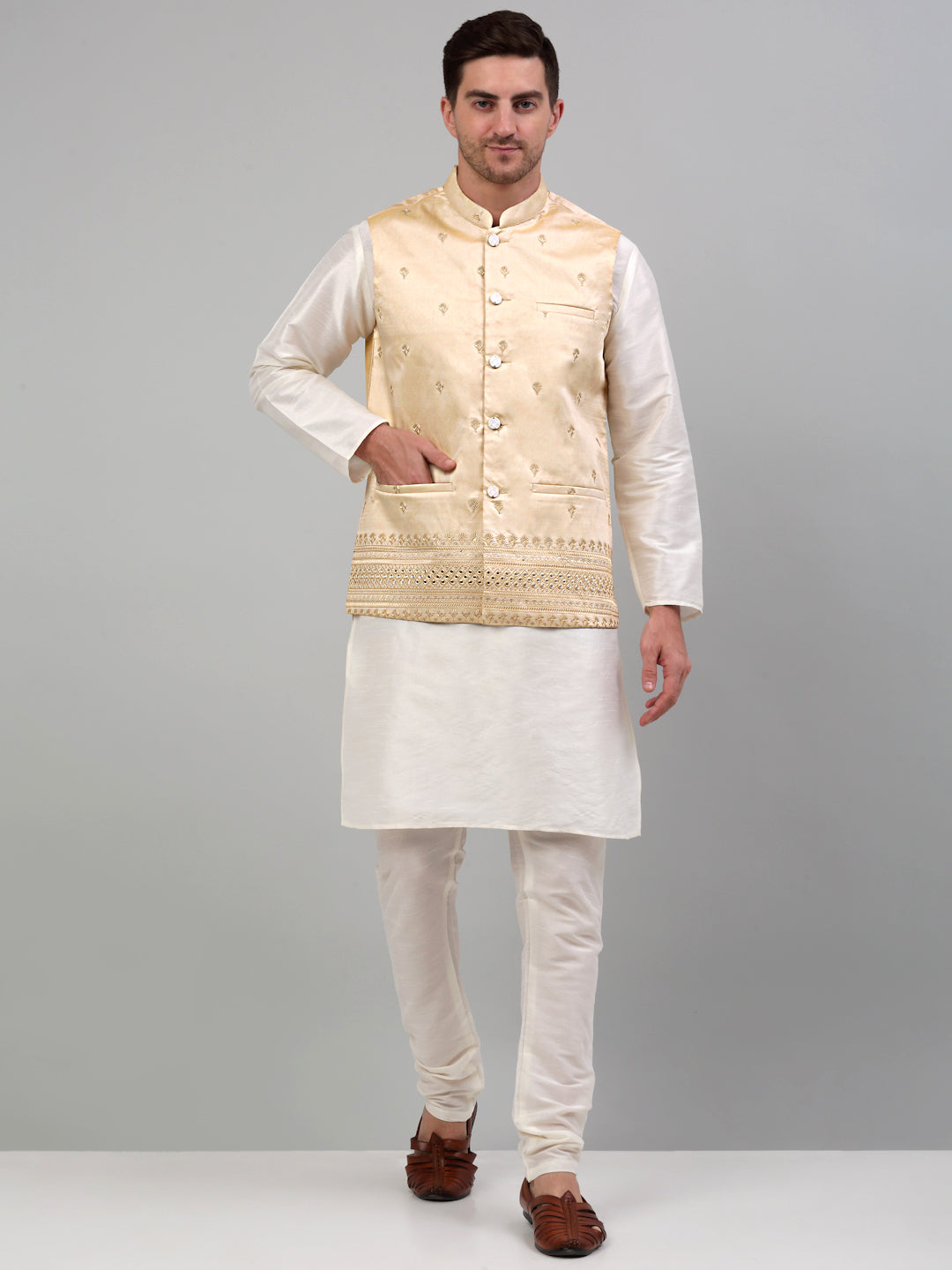 Jompers Men's Embroidered Nehru Jacket With Solid Kurta Pyjama Set - Golden