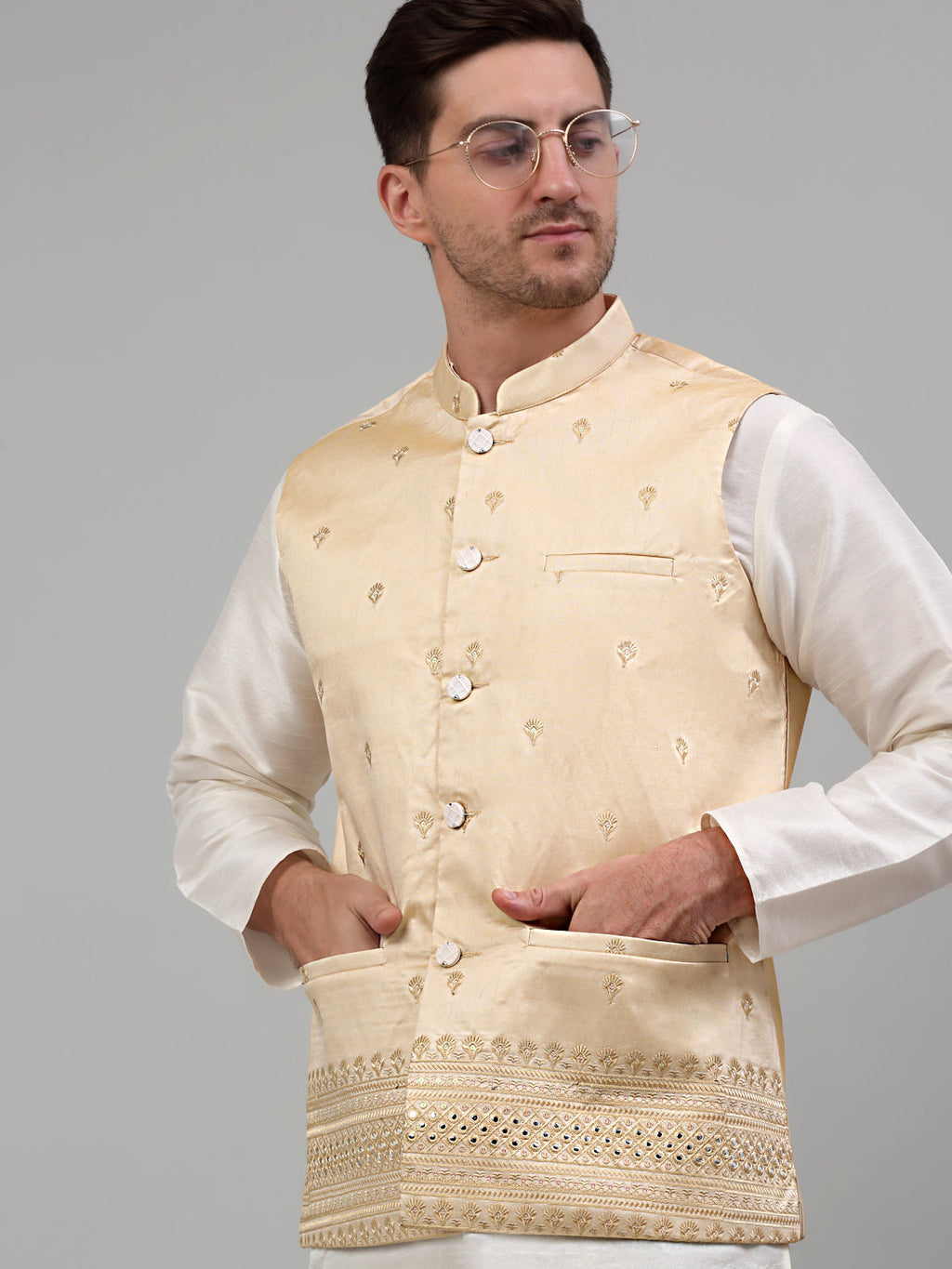 Jompers Men's Embroidered Nehru Jacket With Solid Kurta Pyjama Set - Golden