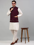 Jompers Men's Embroidered Nehru Jacket With Solid Kurta Pyjama Set - Purple