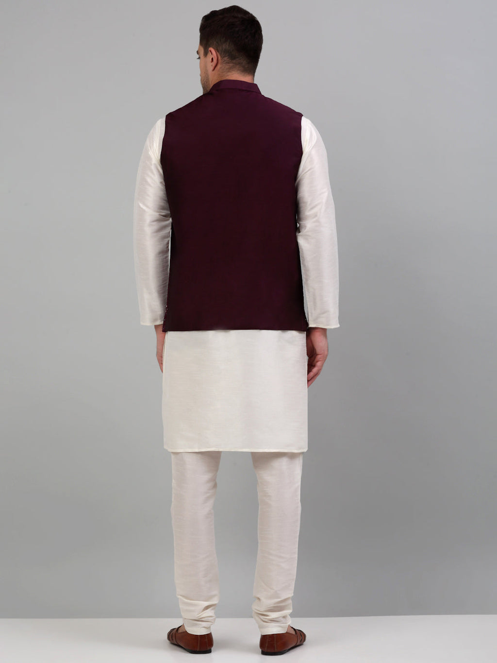 Jompers Men's Embroidered Nehru Jacket With Solid Kurta Pyjama Set - Purple