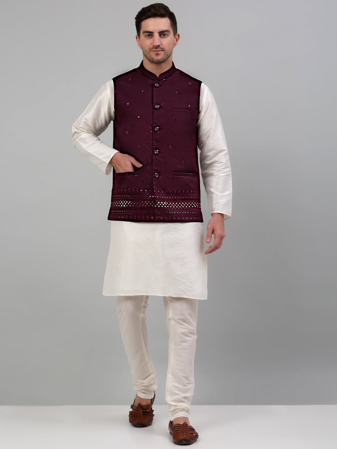 Jompers Men's Embroidered Nehru Jacket With Solid Kurta Pyjama Set - Purple