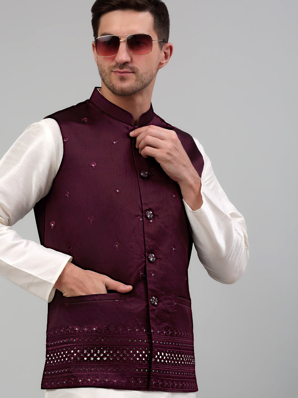 Jompers Men's Embroidered Nehru Jacket With Solid Kurta Pyjama Set - Purple