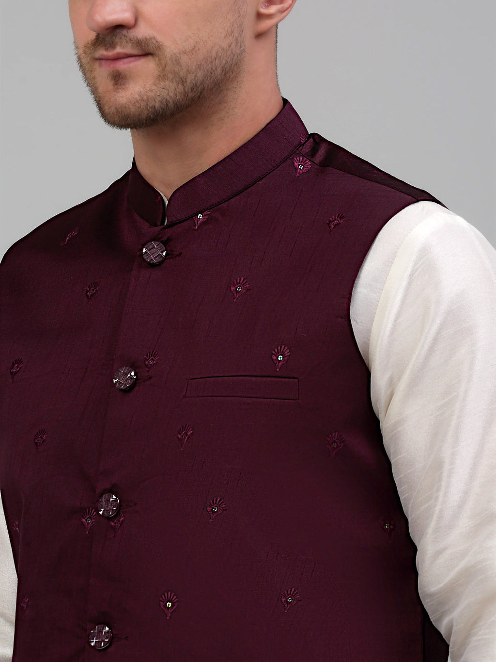Jompers Men's Embroidered Nehru Jacket With Solid Kurta Pyjama Set - Purple