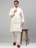 Jompers Men's Embroidered Nehru Jacket With Solid Kurta Pyjama Set - White