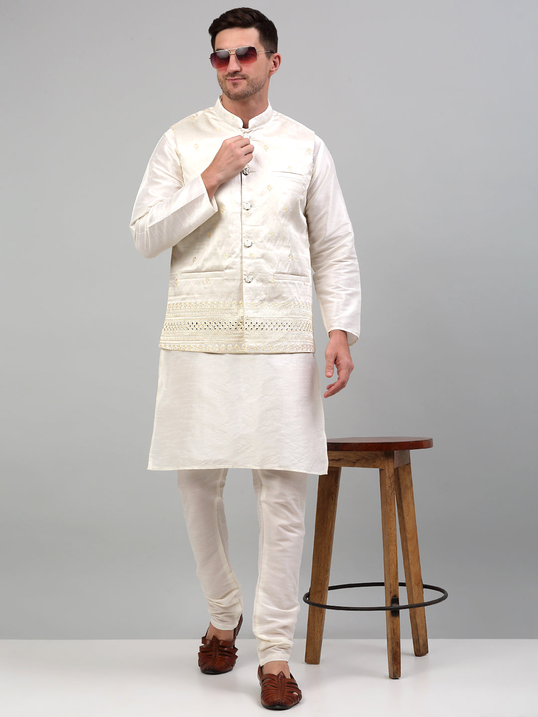Jompers Men's Embroidered Nehru Jacket With Solid Kurta Pyjama Set - White