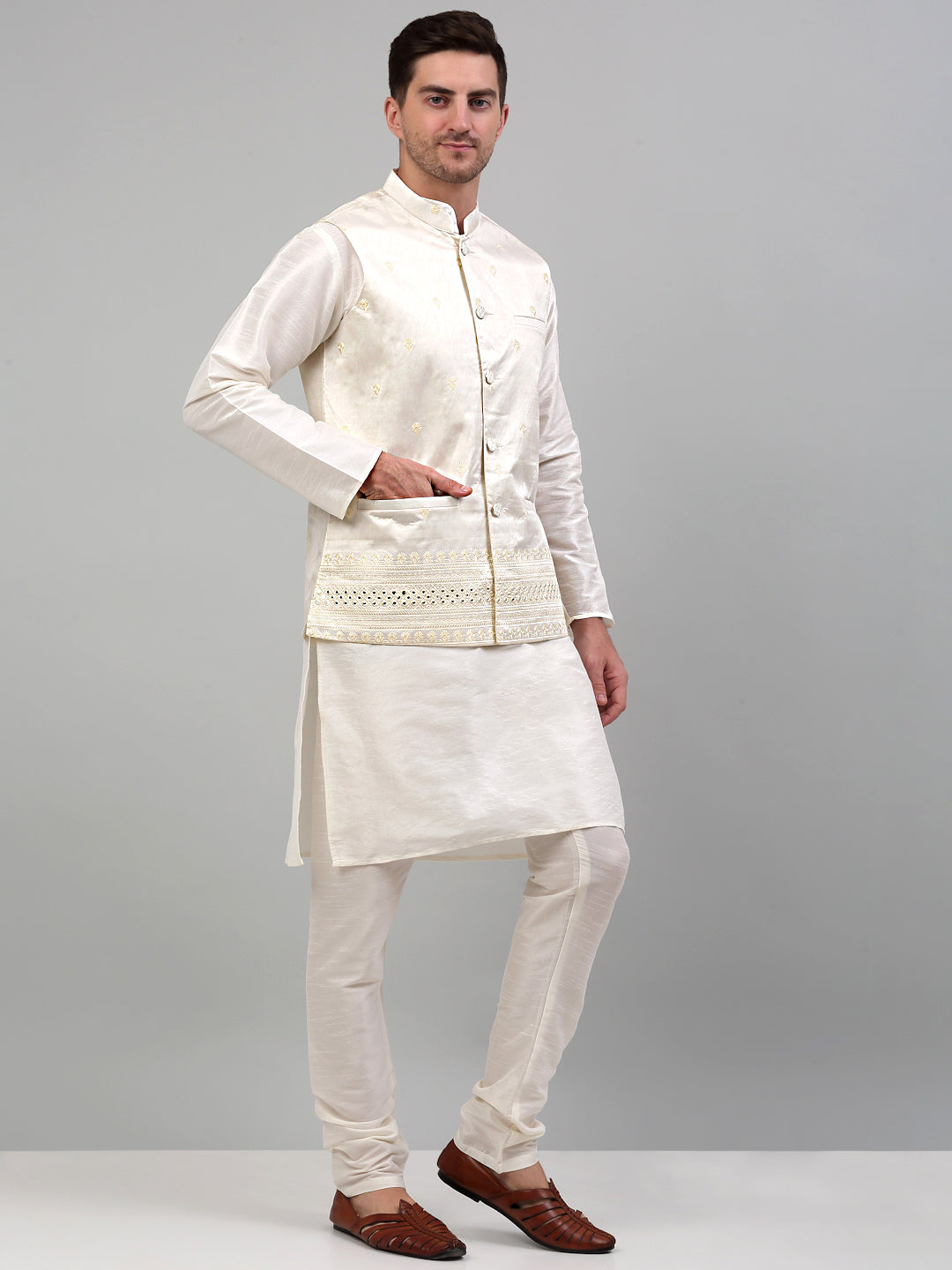 Jompers Men's Embroidered Nehru Jacket With Solid Kurta Pyjama Set - White