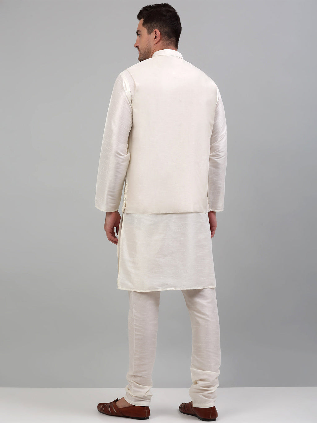 Jompers Men's Embroidered Nehru Jacket With Solid Kurta Pyjama Set - White