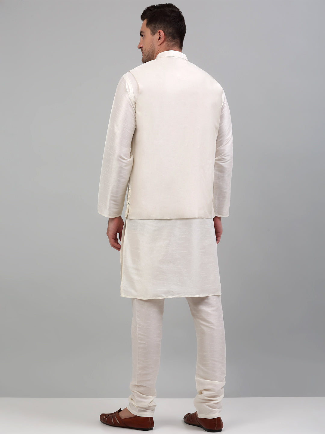 Jompers Men's Embroidered Nehru Jacket With Solid Kurta Pyjama Set - White