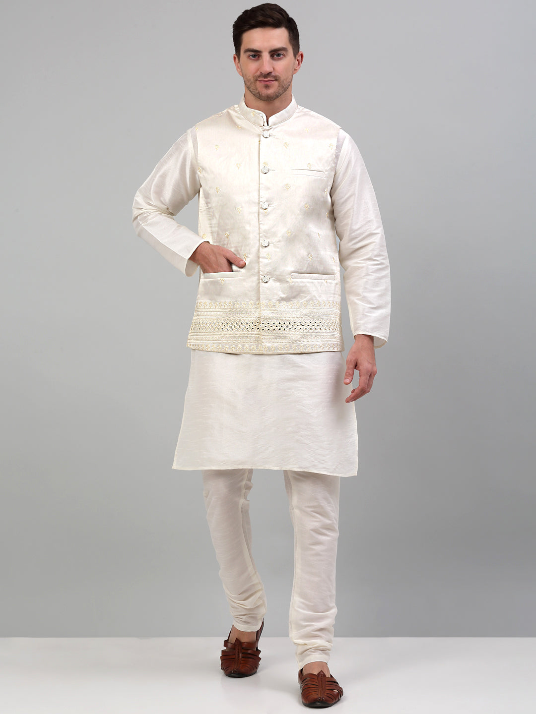 Jompers Men's Embroidered Nehru Jacket With Solid Kurta Pyjama Set - White