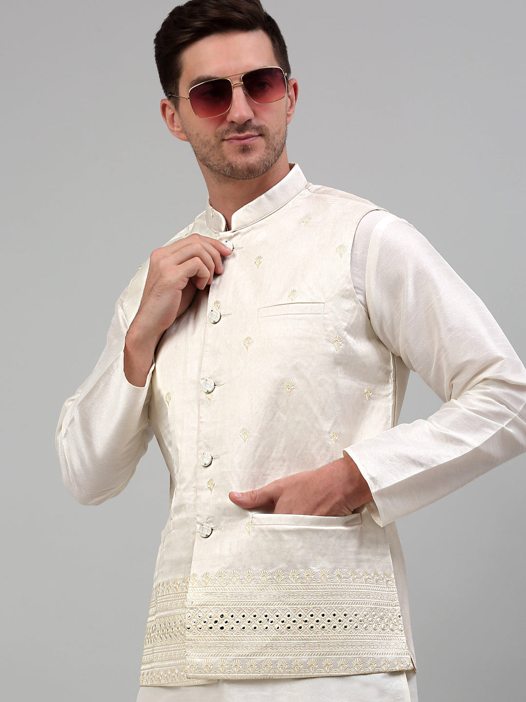 Jompers Men's Embroidered Nehru Jacket With Solid Kurta Pyjama Set - White