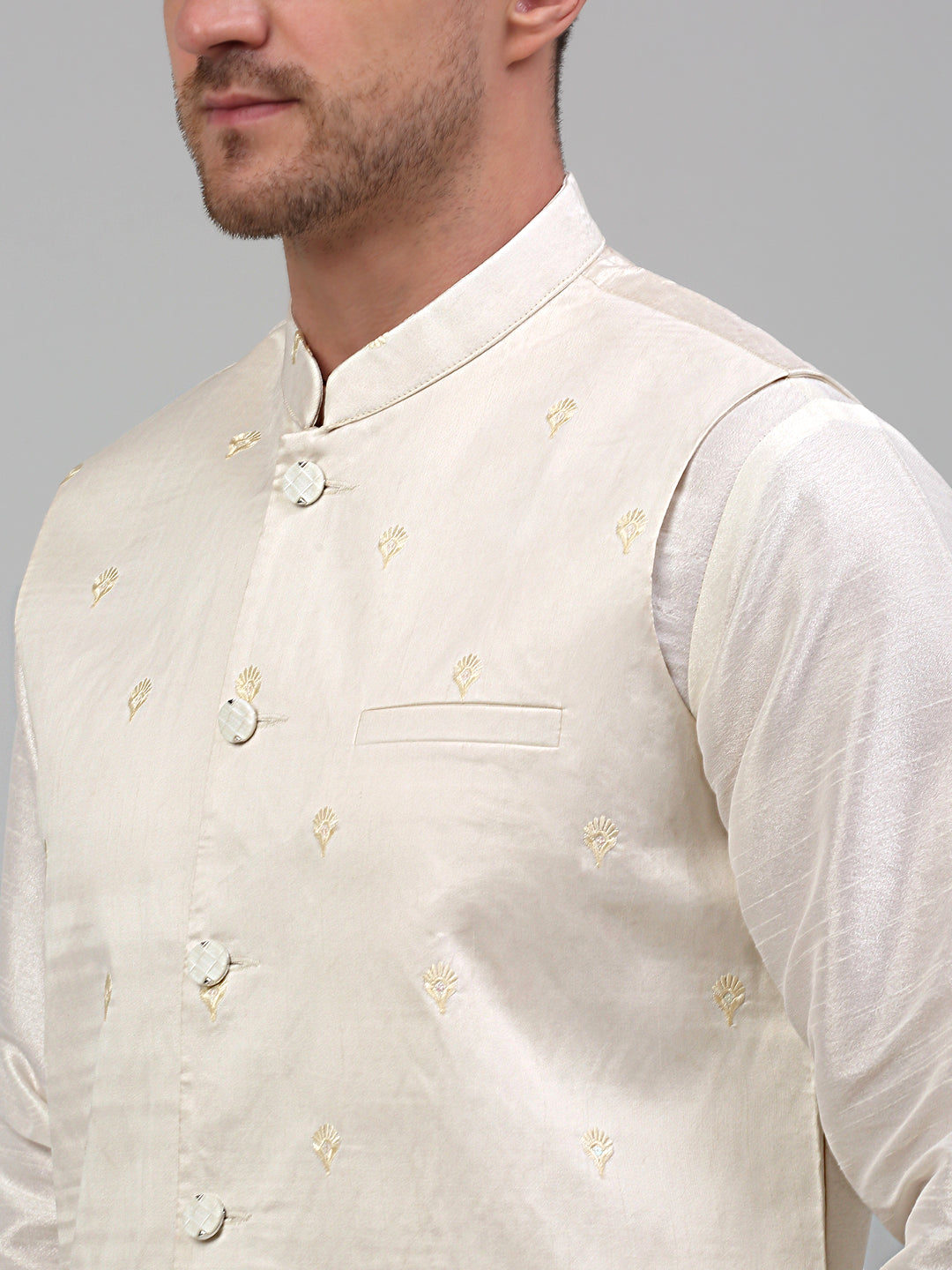Jompers Men's Embroidered Nehru Jacket With Solid Kurta Pyjama Set - White