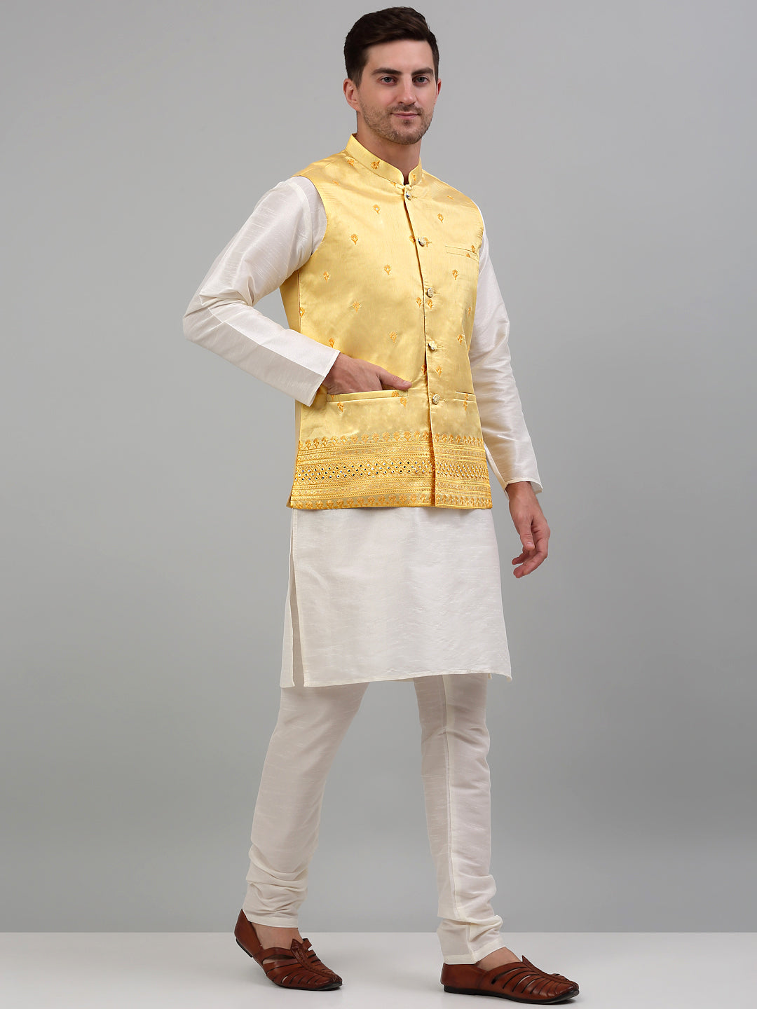 Jompers Men's Embroidered Nehru Jacket With Solid Kurta Pyjama Set - Yellow