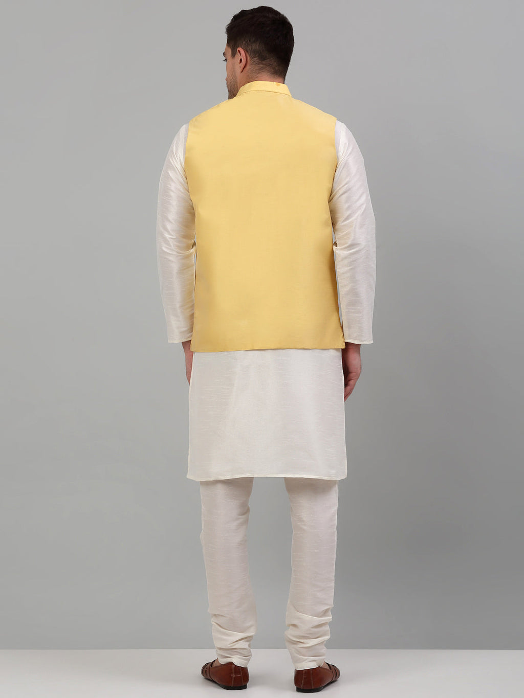 Jompers Men's Embroidered Nehru Jacket With Solid Kurta Pyjama Set - Yellow