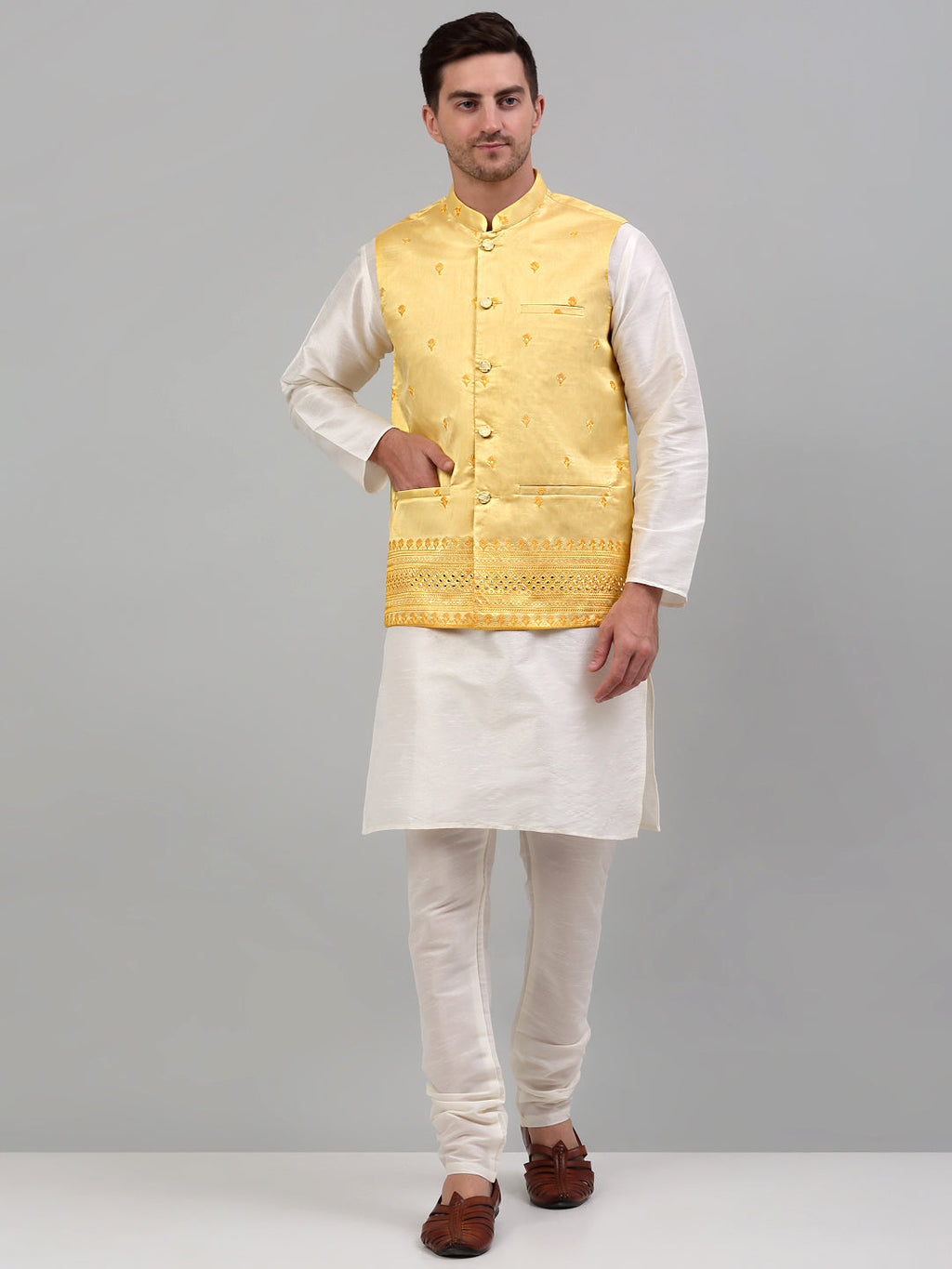 Jompers Men's Embroidered Nehru Jacket With Solid Kurta Pyjama Set - Yellow