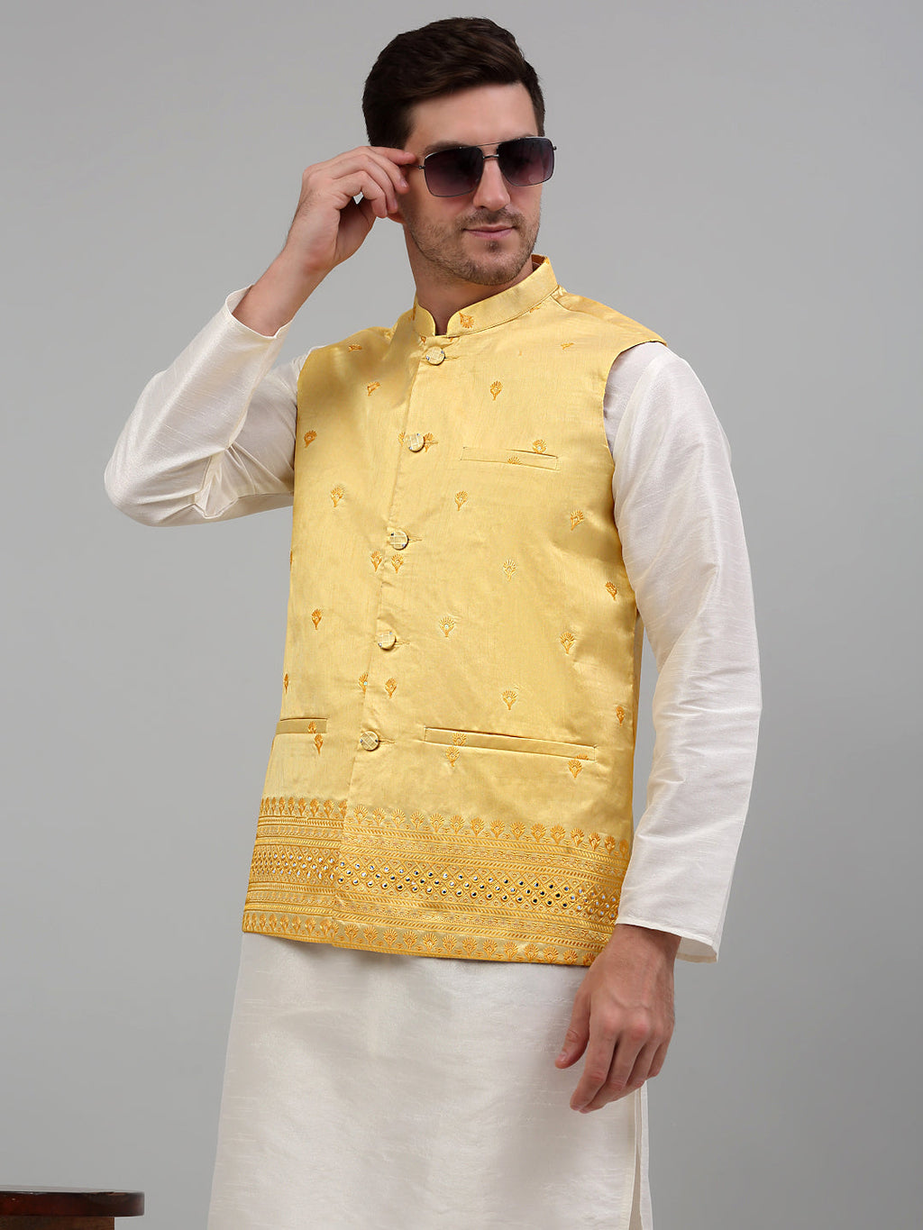 Jompers Men's Embroidered Nehru Jacket With Solid Kurta Pyjama Set - Yellow