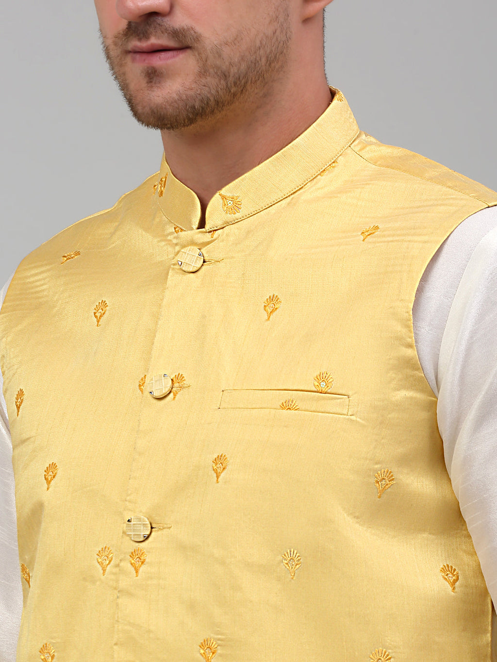 Jompers Men's Embroidered Nehru Jacket With Solid Kurta Pyjama Set - Yellow