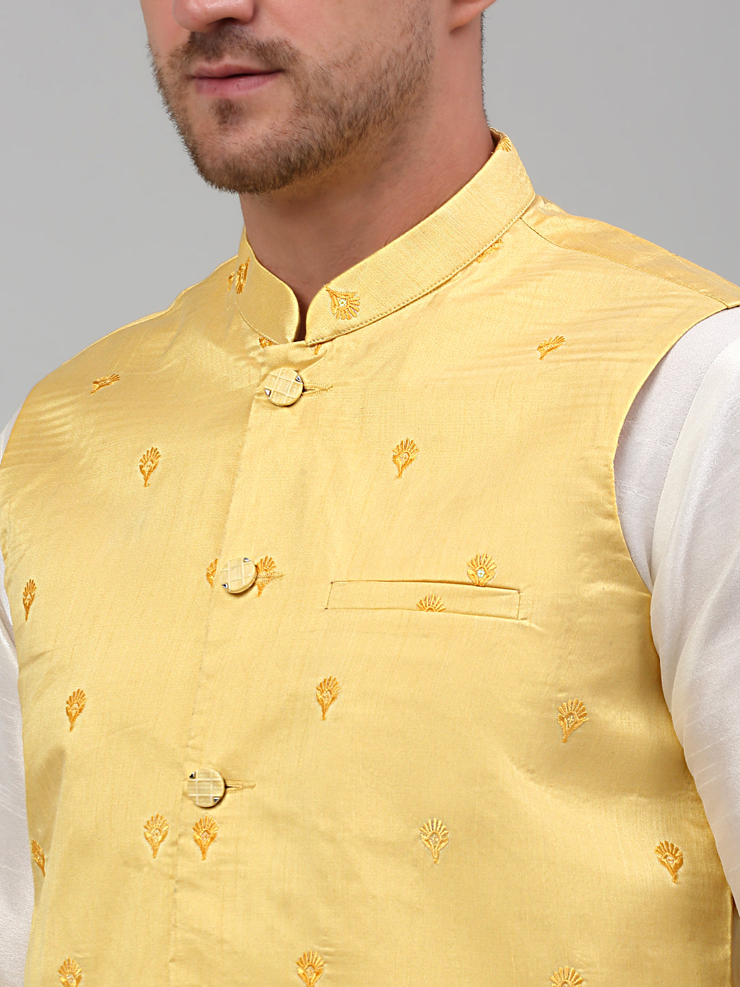 Jompers Men's Embroidered Nehru Jacket With Solid Kurta Pyjama Set - Yellow