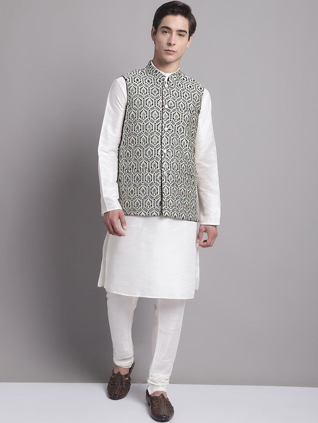 Jompers Men's Silver and Black Woven Design Nehru Jacket With Solid Kurta Pyjama