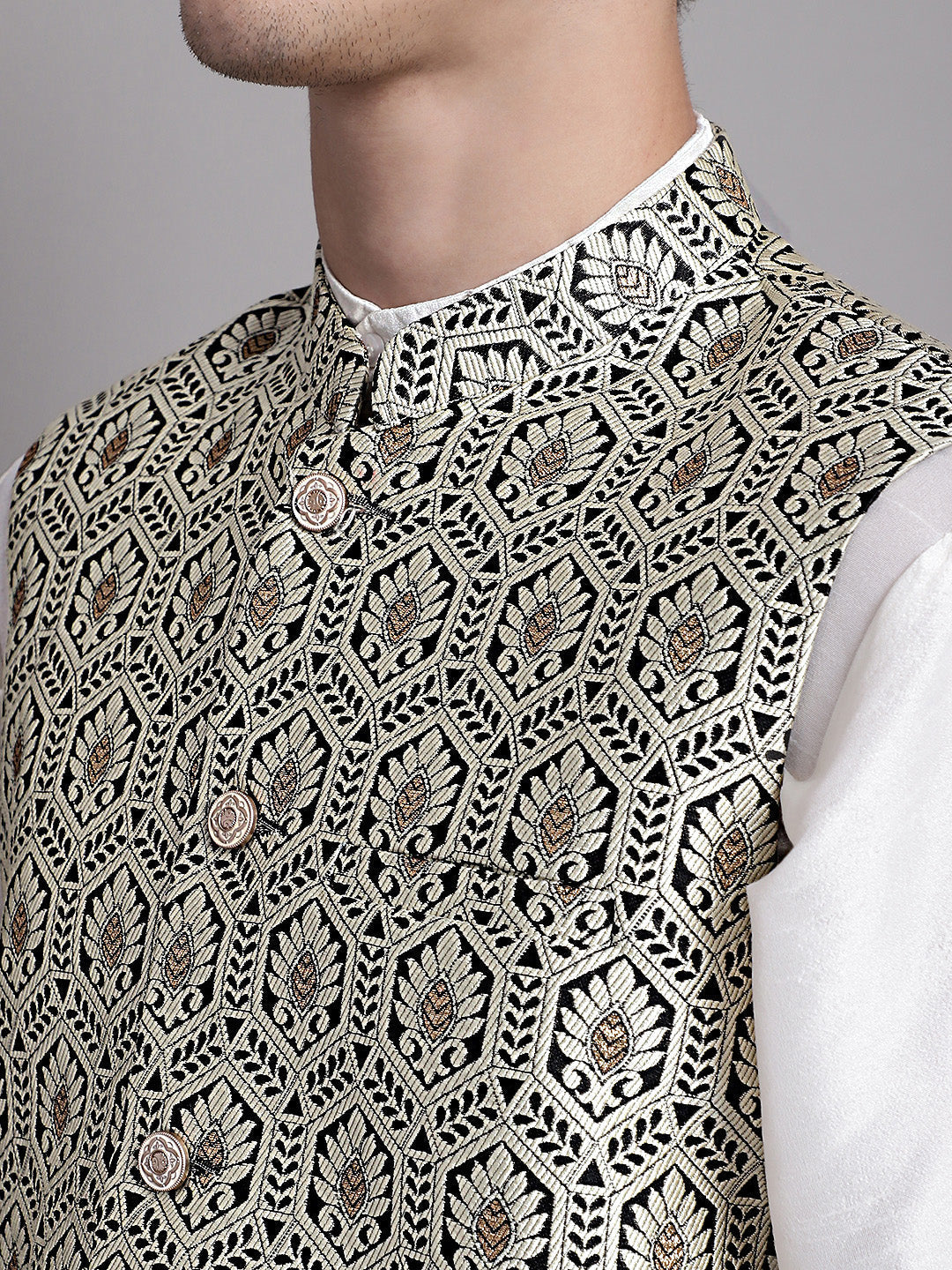 Jompers Men's Silver and Black Woven Design Nehru Jacket With Solid Kurta Pyjama