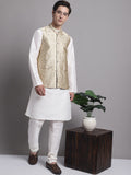 Jompers Men's Cream Woven Design Nehru Jacket With Solid Kurta Pyjama