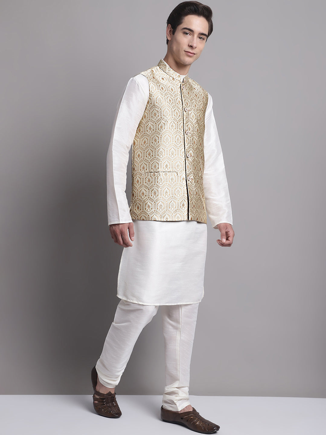 Jompers Men's Cream Woven Design Nehru Jacket With Solid Kurta Pyjama