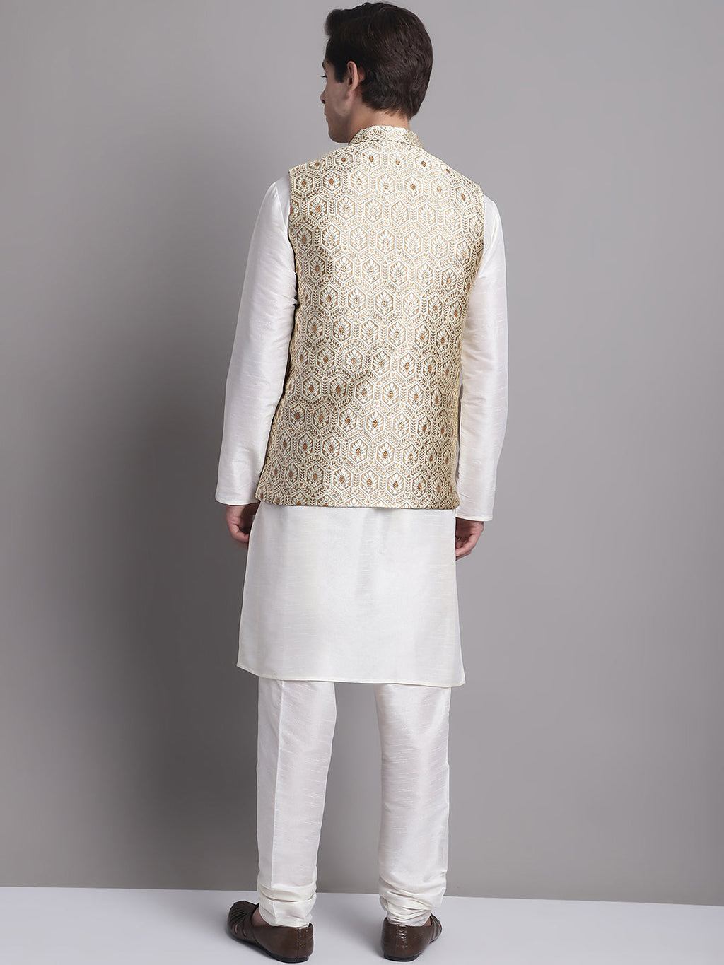 Jompers Men's Cream Woven Design Nehru Jacket With Solid Kurta Pyjama