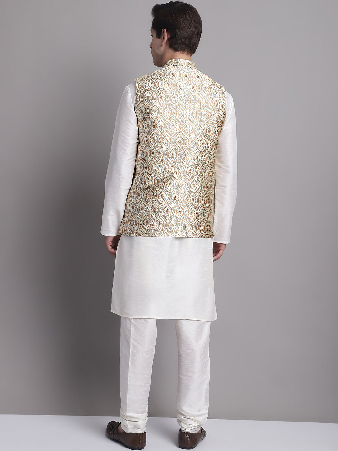 Jompers Men's Cream Woven Design Nehru Jacket With Solid Kurta Pyjama