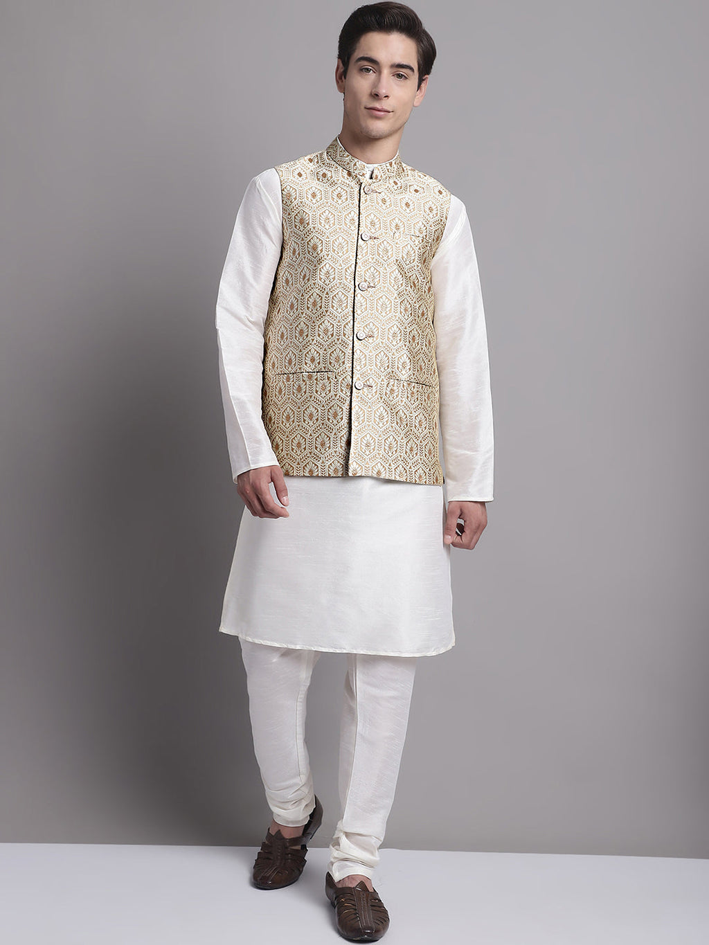 Jompers Men's Cream Woven Design Nehru Jacket With Solid Kurta Pyjama