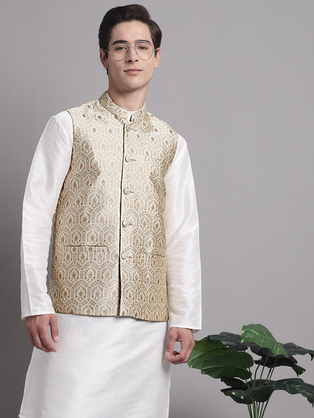 Jompers Men's Cream Woven Design Nehru Jacket With Solid Kurta Pyjama